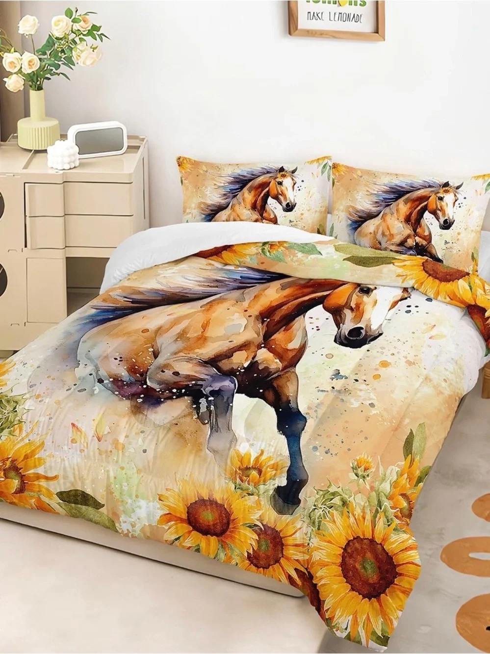 Sunflower Horse Printed Comforter Set - Beige and Yellow